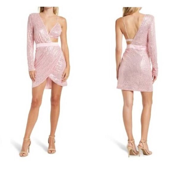 Area Stars Pink Sequin Asymmetric Cut Out Party Mini Dress Size M - Picture 7 of 7